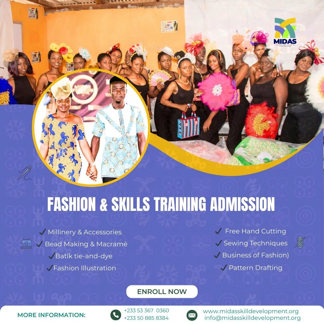 Fashion Skills Training Ghana students learning sewing and pattern drafting at MIDAS Skill Development