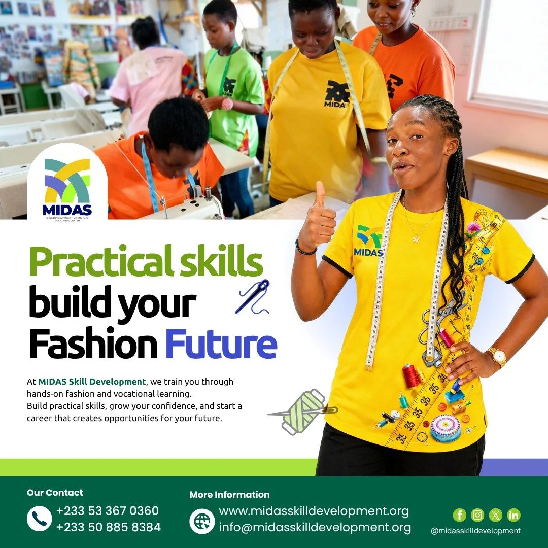 Learn fashion skills Ghana students practicing sewing at MIDAS