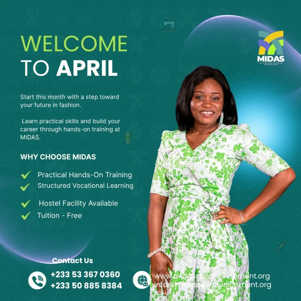 Vocational Skills Training Ghana students learning practical fashion skills at MIDAS Skill Development