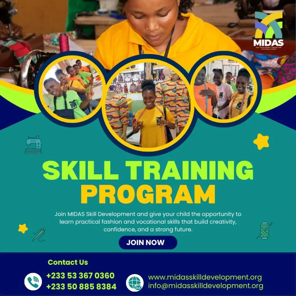 Skill training program Ghana students learning practical fashion skills at MIDAS