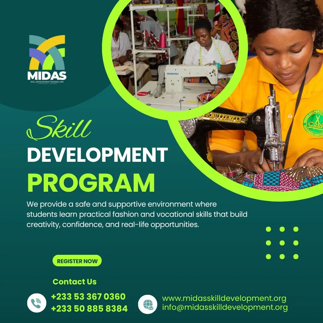 Skill development training Ghana students learning fashion skills at MIDAS Skill Development