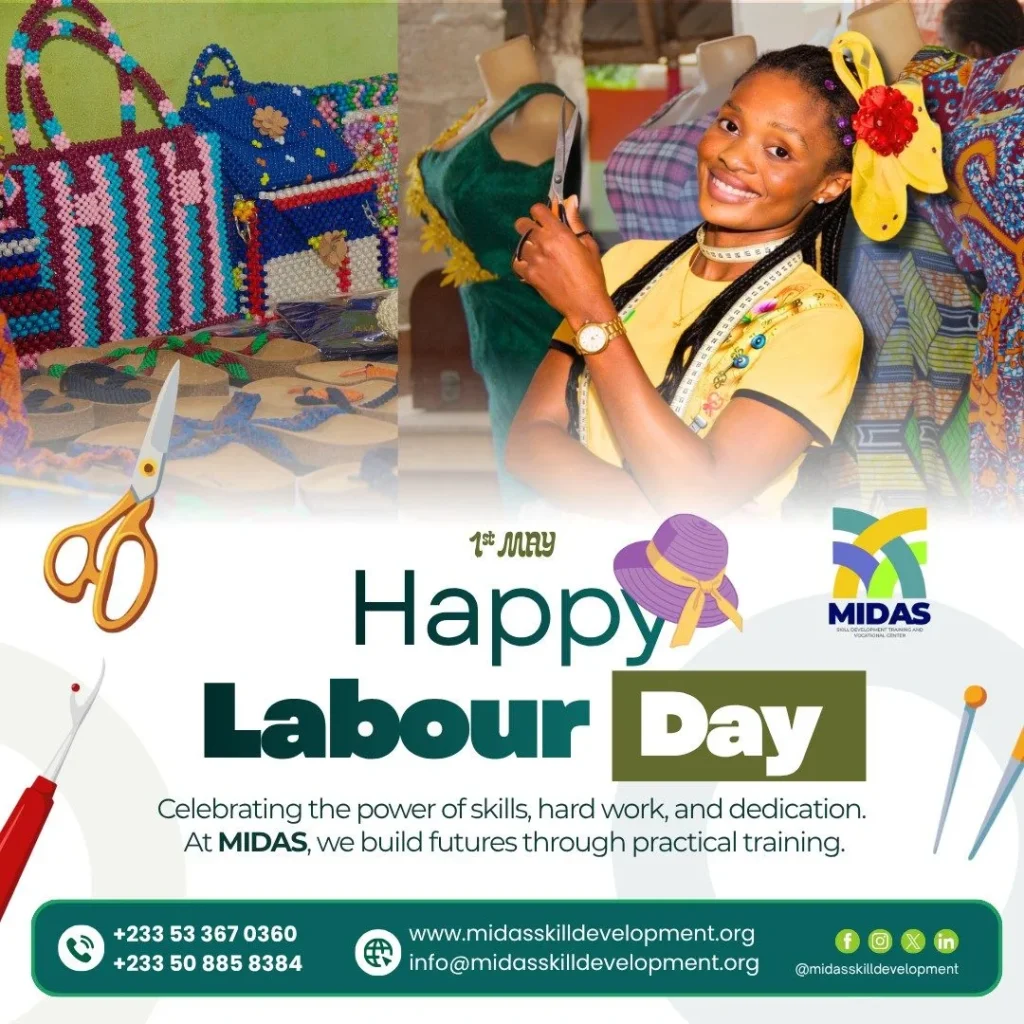 Labour Day skills training Ghana students learning fashion skills at MIDAS