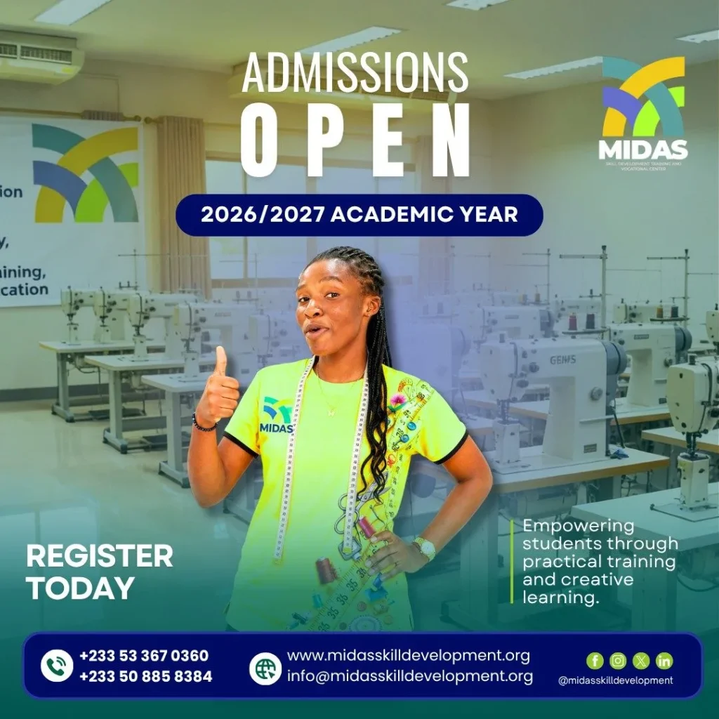 Admissions open vocational training Ghana students learning fashion skills at MIDAS
