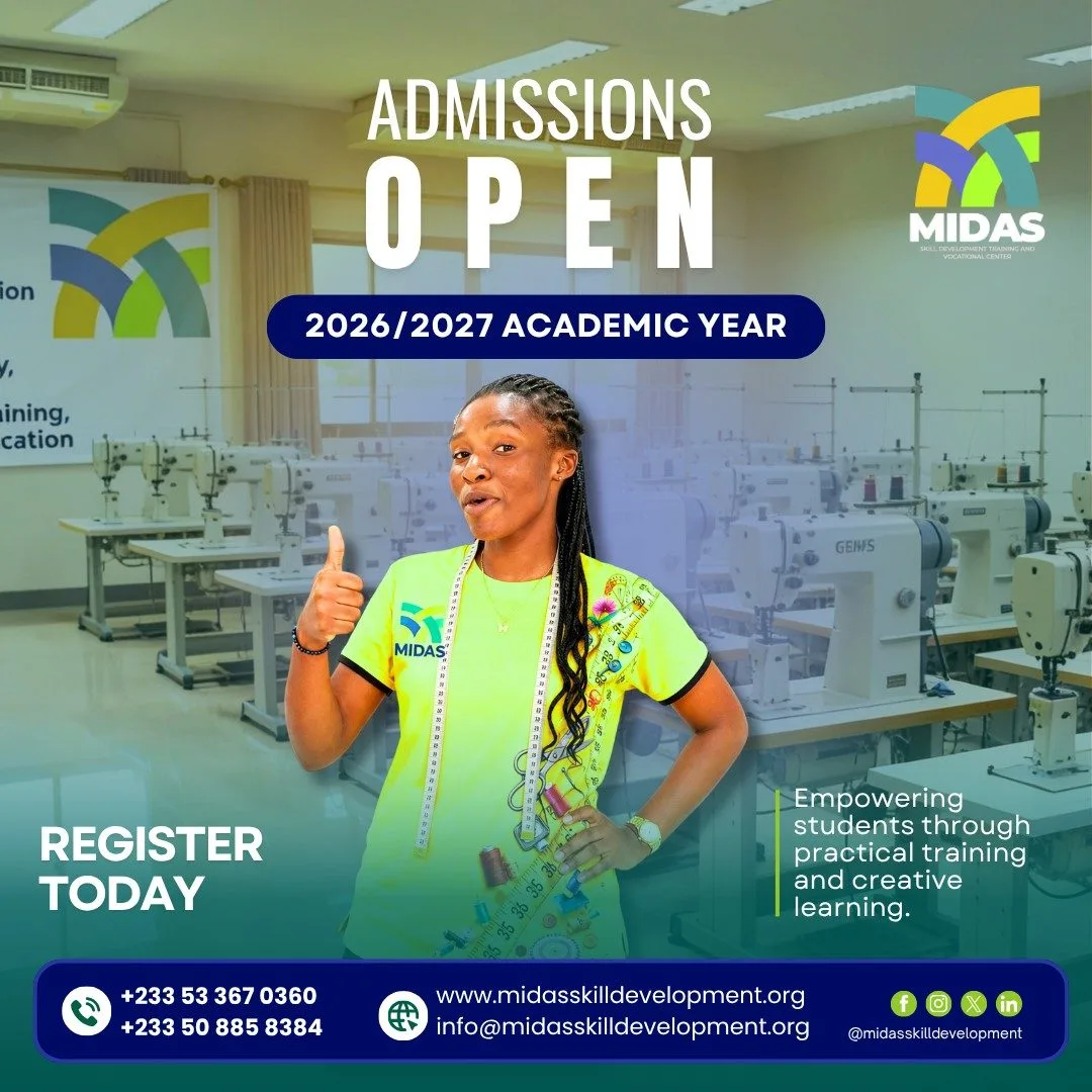 Admissions open vocational training Ghana students learning fashion skills at MIDAS