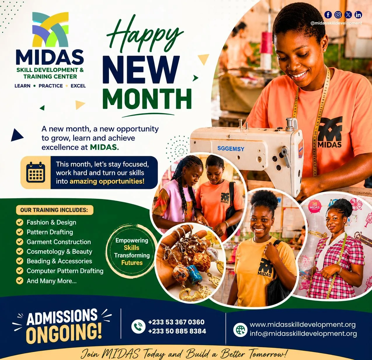 MIDAS learners participating in practical skills training and vocational education programs designed to build confidence, creativity, and career opportunities in Ghana.