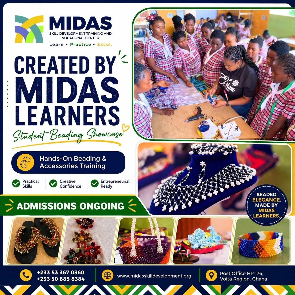 Beading Training at MIDAS featuring learners creating handmade beadwork, beaded slippers, bags and accessories.