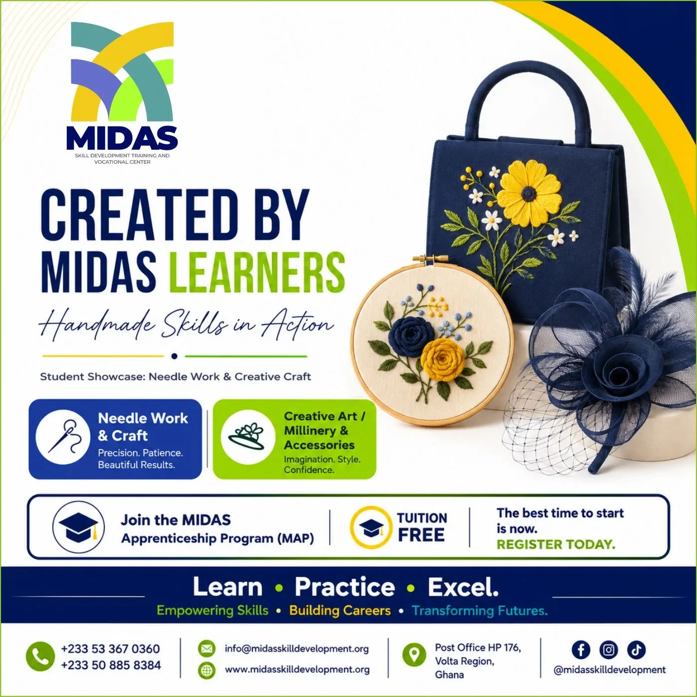Handmade Skills at MIDAS flyer showing needle work, creative craft, millinery and accessories training.