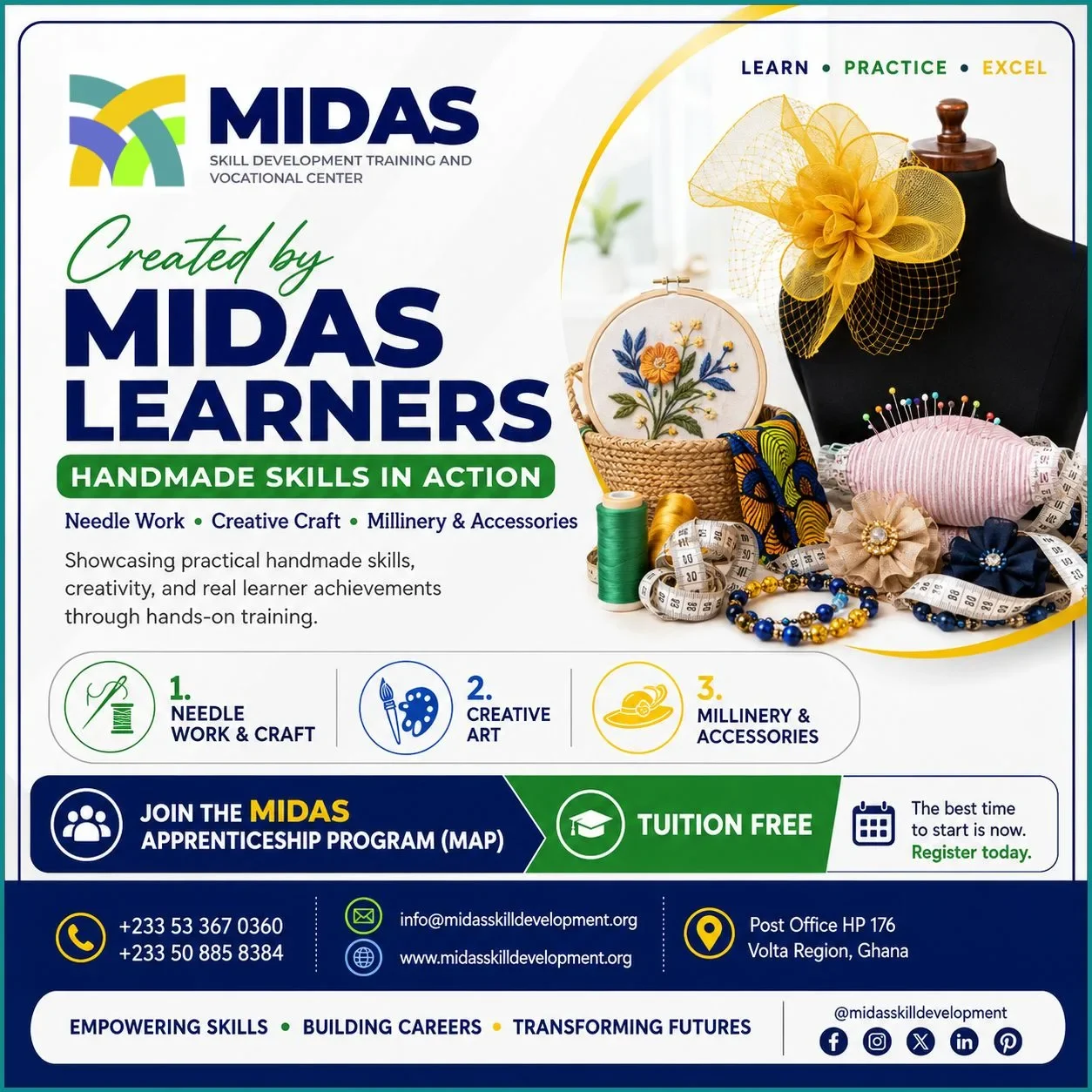 Handmade Skills at MIDAS flyer showing needle work, creative craft, millinery and accessories training for learners.