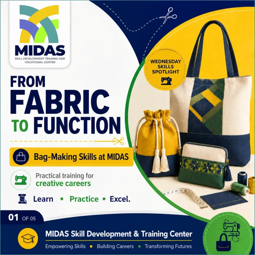 Bag-Making Skills at MIDAS featuring handmade bag designs, sewing tools and practical vocational training.