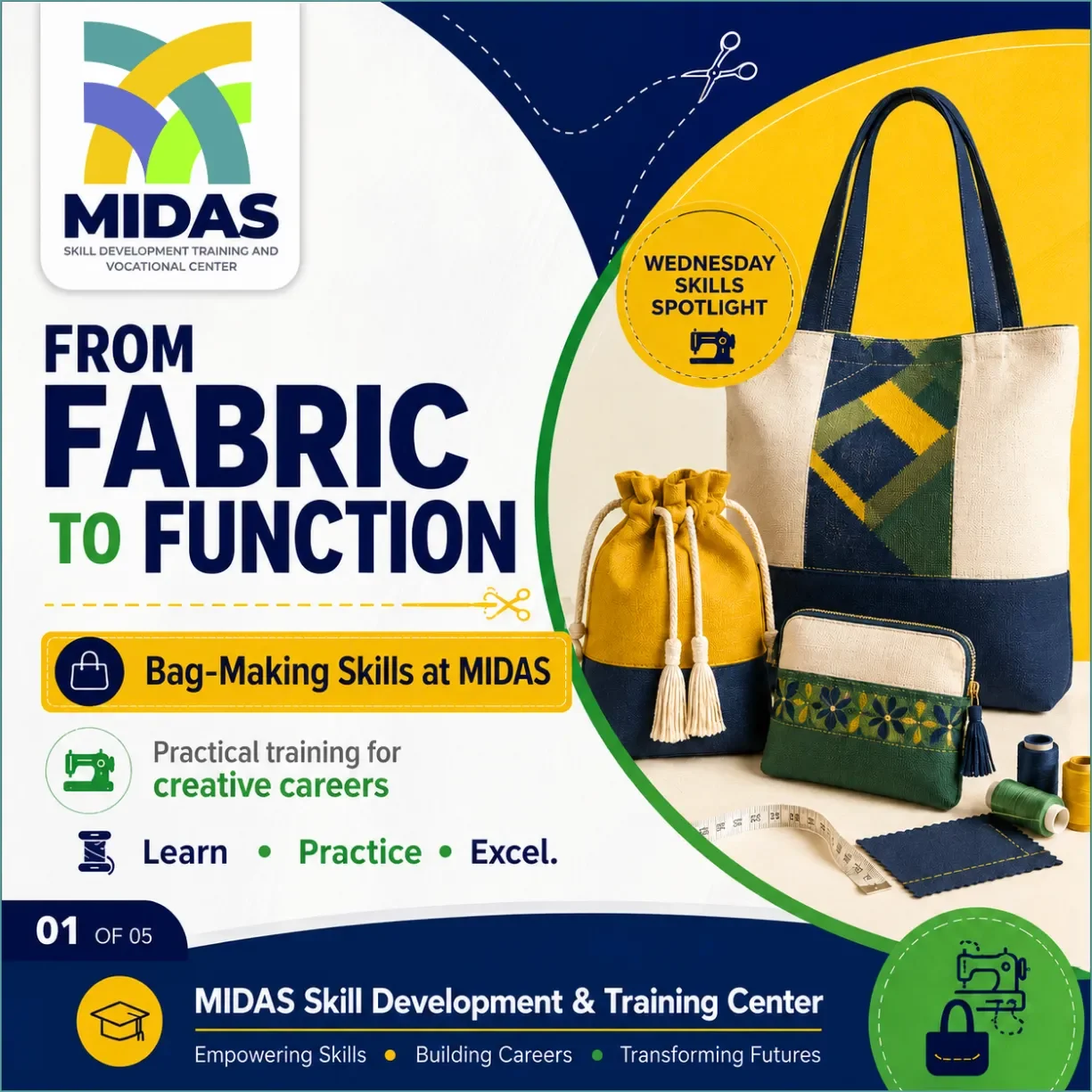 Bag-Making Skills at MIDAS featuring handmade bag designs, sewing tools and practical vocational training.
