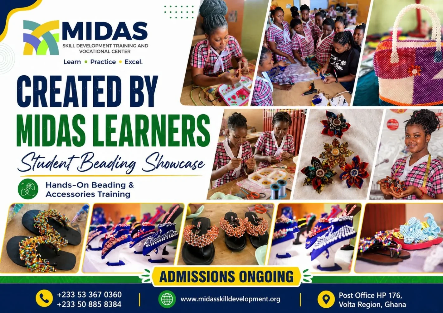 MIDAS learners participating in a student beading showcase featuring handmade beaded slippers, accessories, bags and creative beadwork projects.