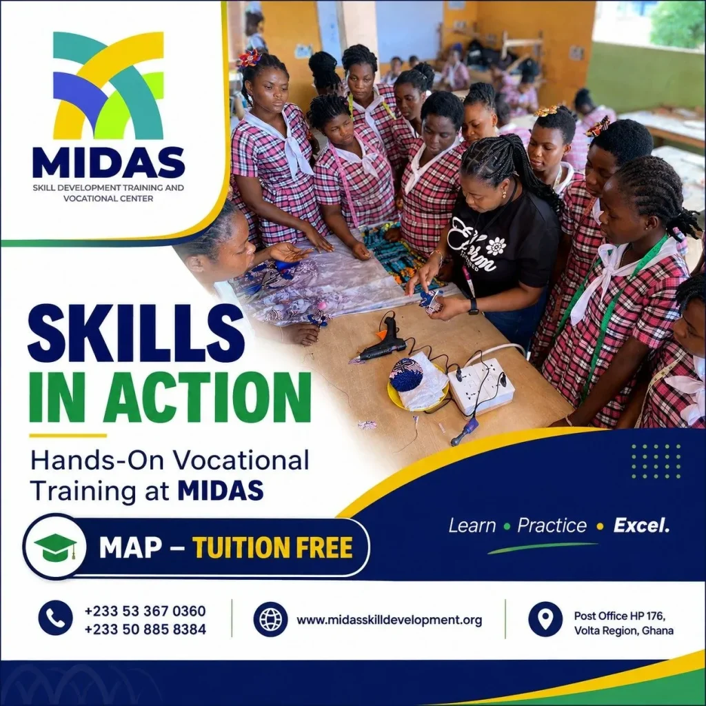 MIDAS Skill Development & Training Center flyer showing learners in a practical classroom session with the title Skills in Action and hands-on vocational training message.