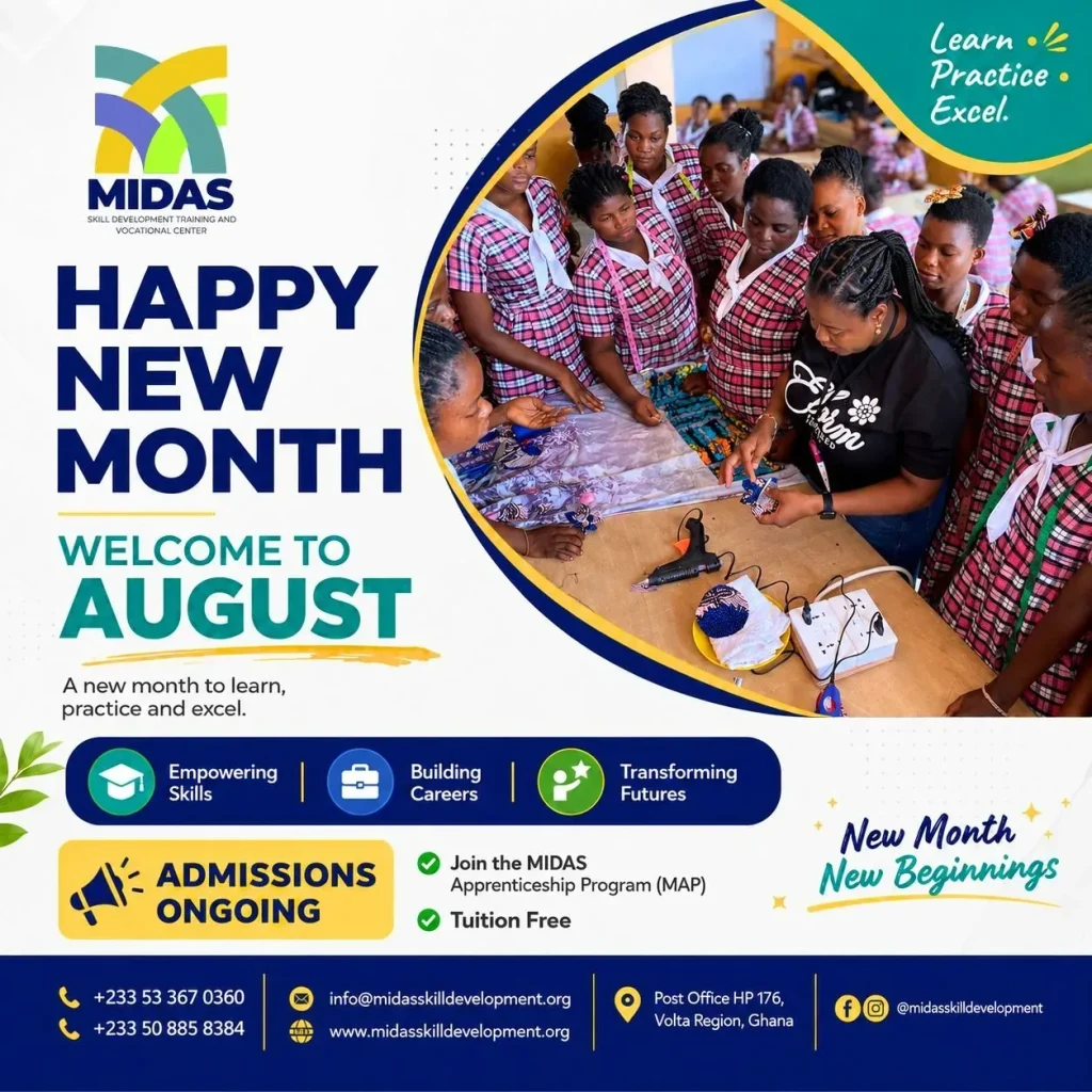 Welcome to August at MIDAS flyer showing learners in a practical classroom session and promoting admissions, MAP tuition-free training and hands-on vocational skills.