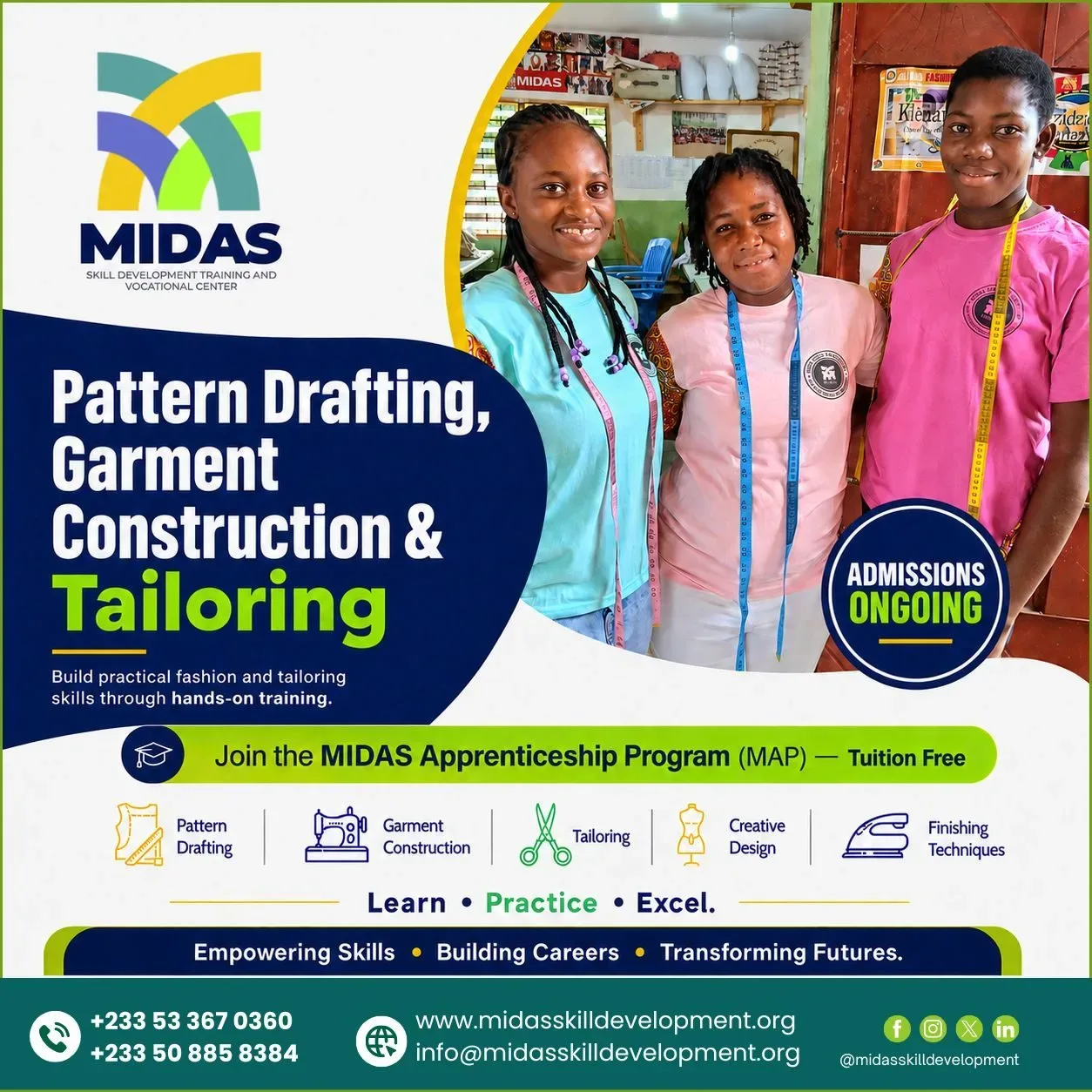 Tailoring Training at MIDAS flyer featuring learners in a fashion classroom and promoting pattern drafting, garment construction, admissions and MAP tuition-free training.