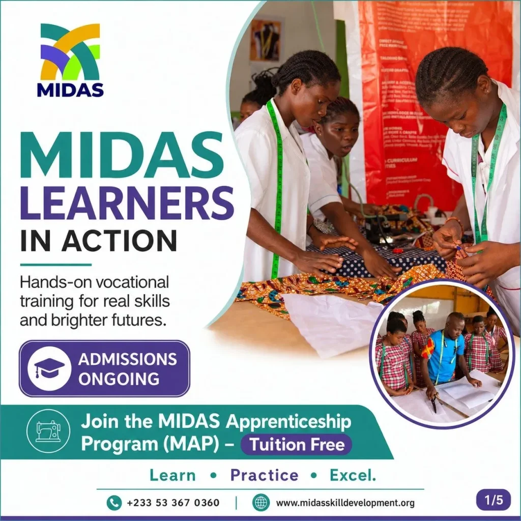 MIDAS learners participating in hands-on vocational training, including sewing, garment work and practical group activities in Ghana.