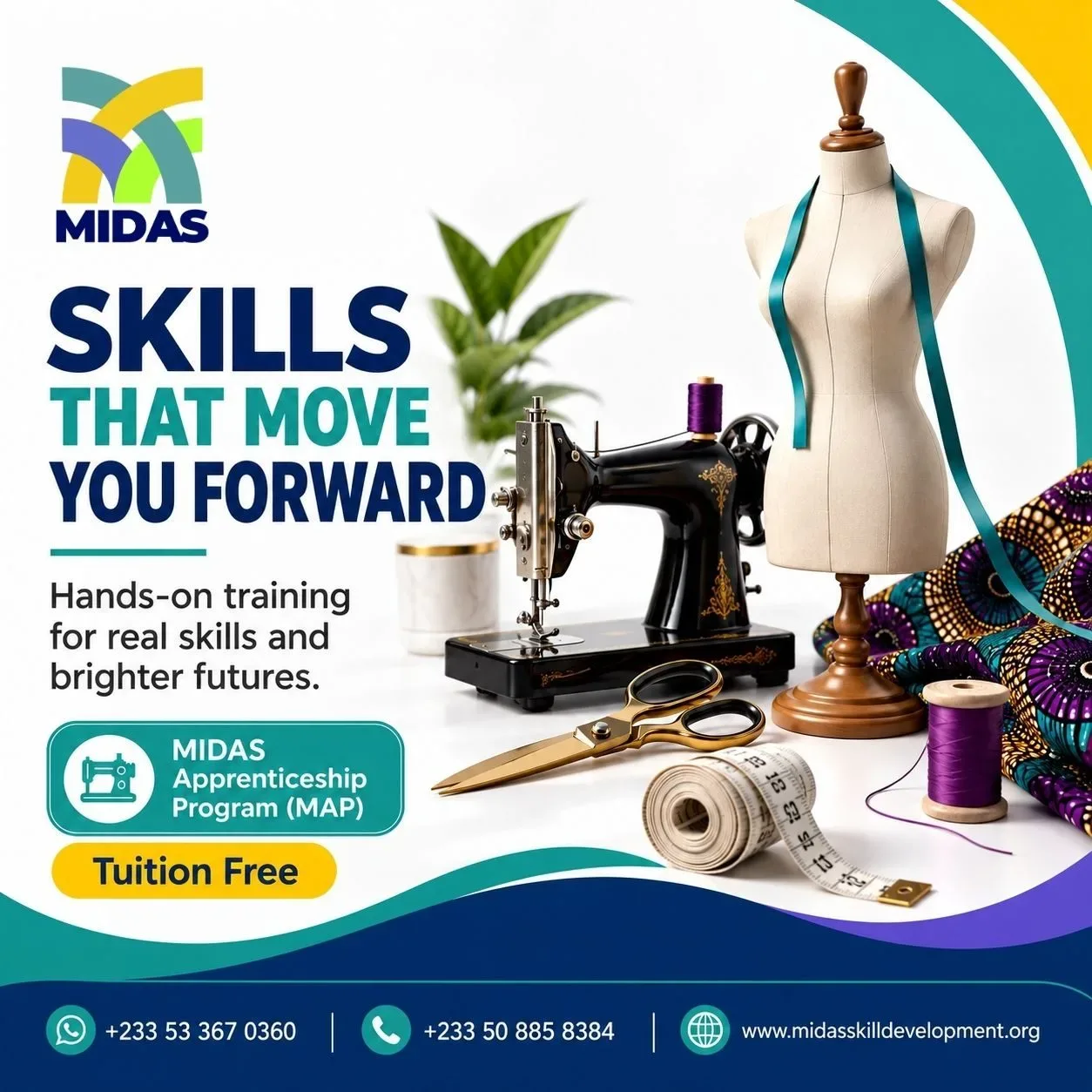 MIDAS vocational training promotional image featuring a sewing machine, dress form, scissors, measuring tape, thread and African print fabric.