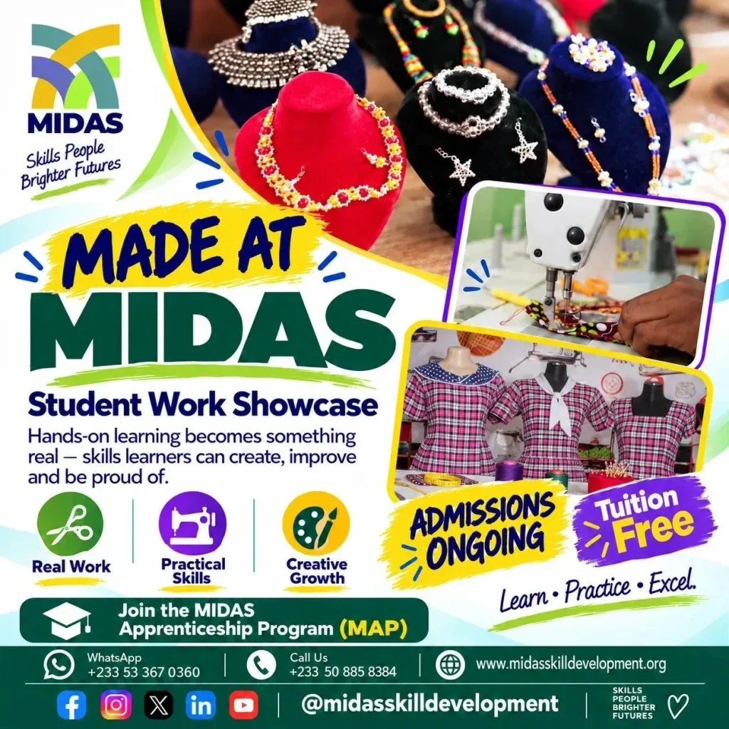 MIDAS student work showcase featuring finished beadwork, garment making and practical sewing skills developed through hands-on vocational training.